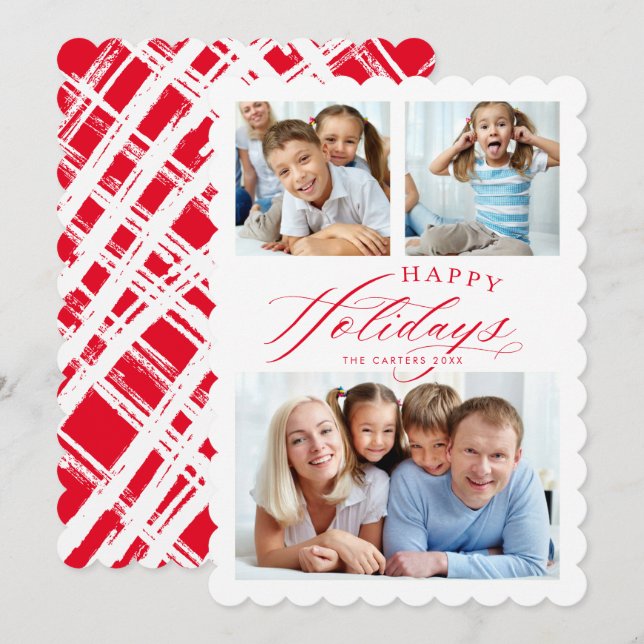 MULTI FAMILY PHOTO Happy Holidays calligraphy red Announcement (Front/Back)