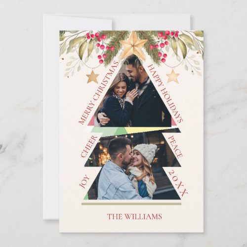 Multi Family Photos Green Leaves Joy Christmas Holiday Card
