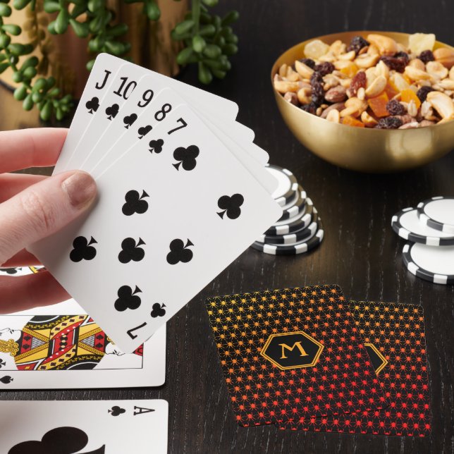 Multi fiery spiders on black Monogram Poker Cards (In Situ)