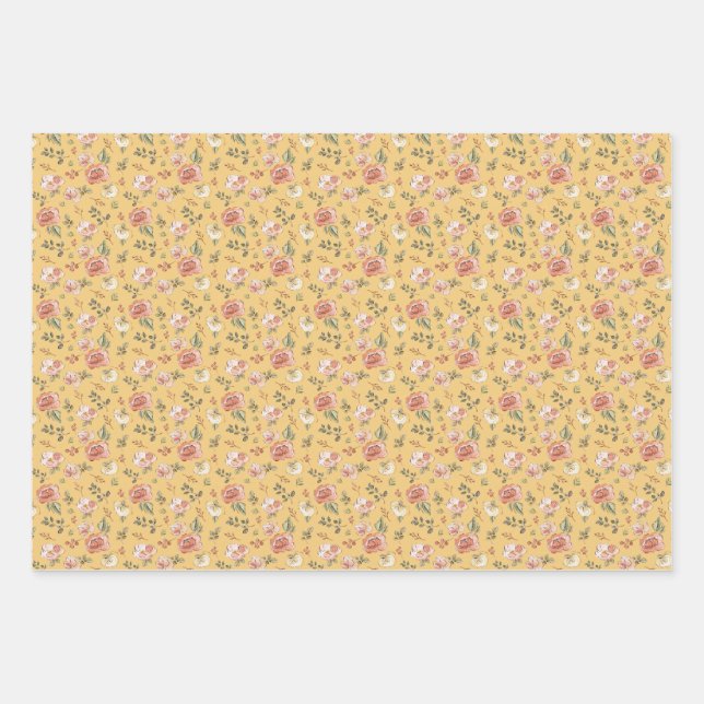 Multi Floral on Yellow Wrapping Paper Sheets (Front)