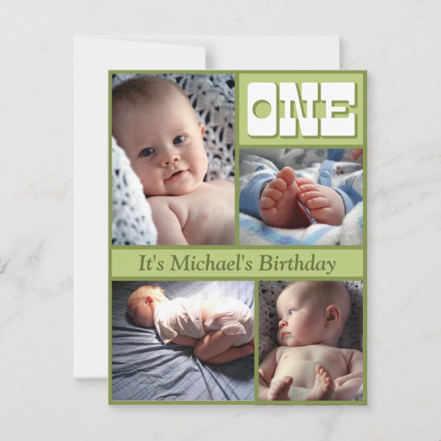Multi Frame Green One Birthday Invitation (Front)