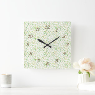 Multi Green Nature Fern Leaf Pattern Square Wall Clock
