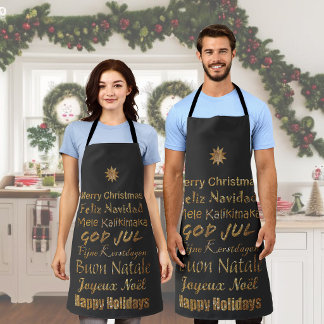 Multi-Language Golden Glitter Christmas Greetings Apron