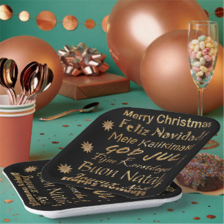 Multi-Language Golden Glitter Christmas Greetings Paper Plates