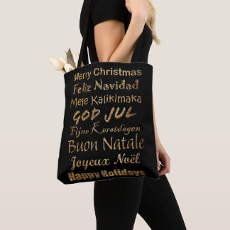 Multi-Language Golden Glitter Christmas Greetings Tote Bag