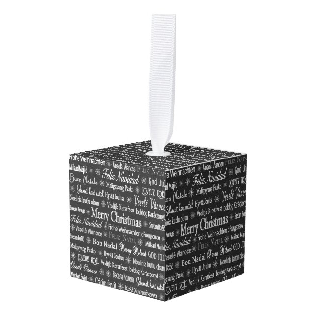 Multi-language Merry Christmas Thunder_Cove Cube Ornament (Front Angled)