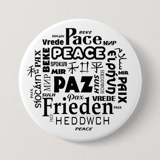 Multi-language peace badge pinback button (Front)