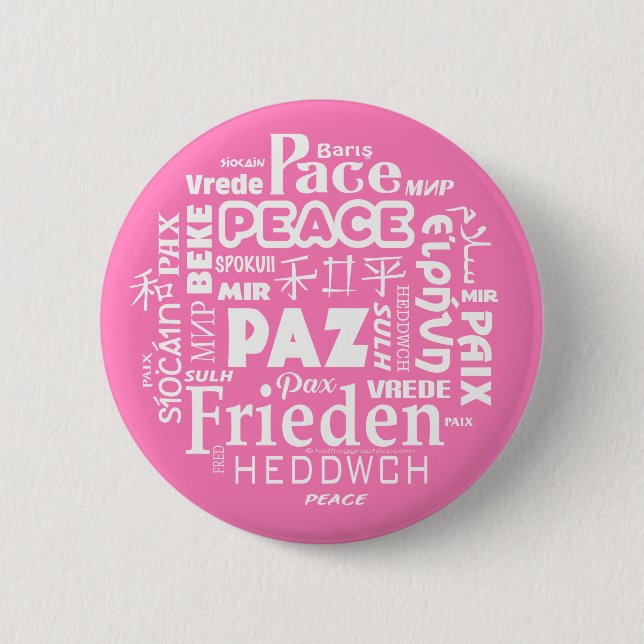 Multi-language pink peace badge pinback button (Front)