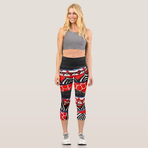 Multi Pattern Red and Black High Waisted Capri