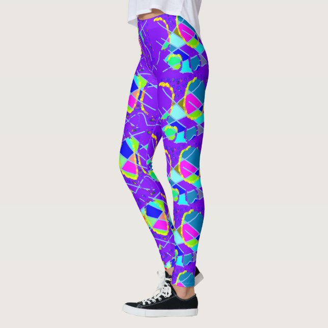 multi patterns on blue purple leggings (Left)