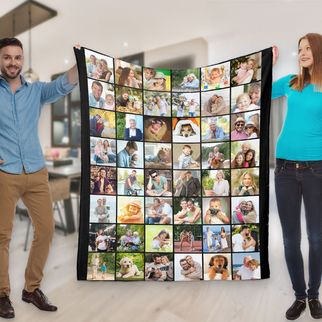 Multi Photo 48 Picture Grid Collage Black Fleece Blanket