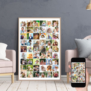 Multi Photo 54 Picture Grid Collage White Poster