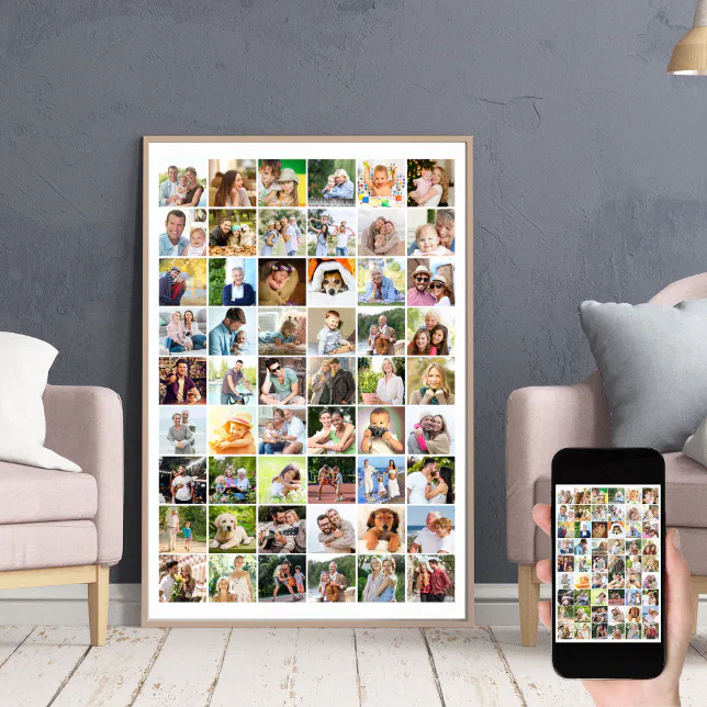 Multi Photo 54 Picture Grid Collage White Poster | Zazzle