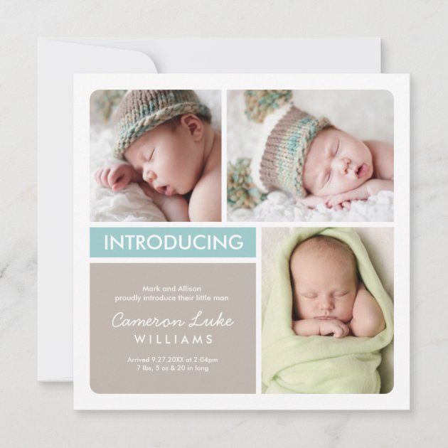 Multi-Photo Birth Announcement Card | Aqua Taupe