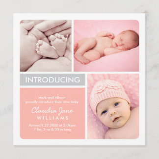Multi-Photo Birth Announcement Card | Blush, Gray