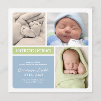 Multi-Photo Birth Announcement Card | Green Blue