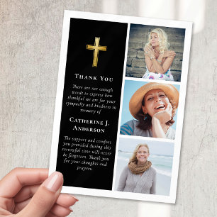 Multi Photo Black Gold Cross Sympathy Funeral Thank You Card