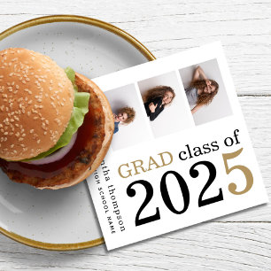 Multi photo Black Gold Text White 2025 Graduation Napkins