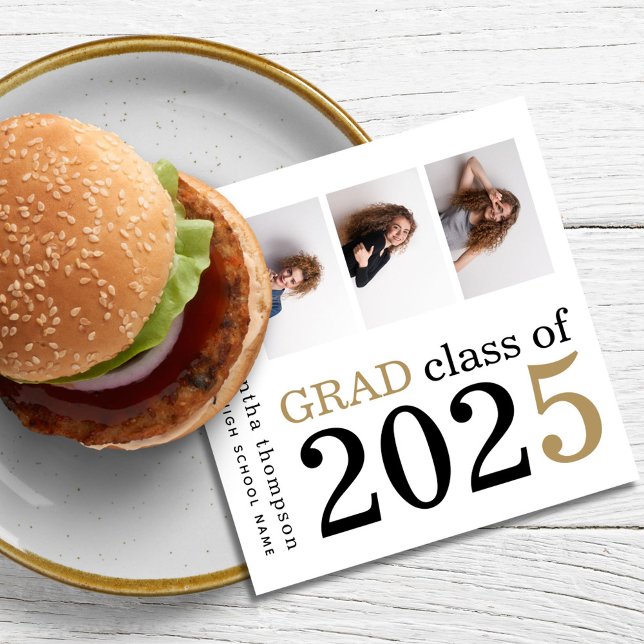 Multi photo Black Gold Text White 2025 Graduation  Napkins (Creator Uploaded)