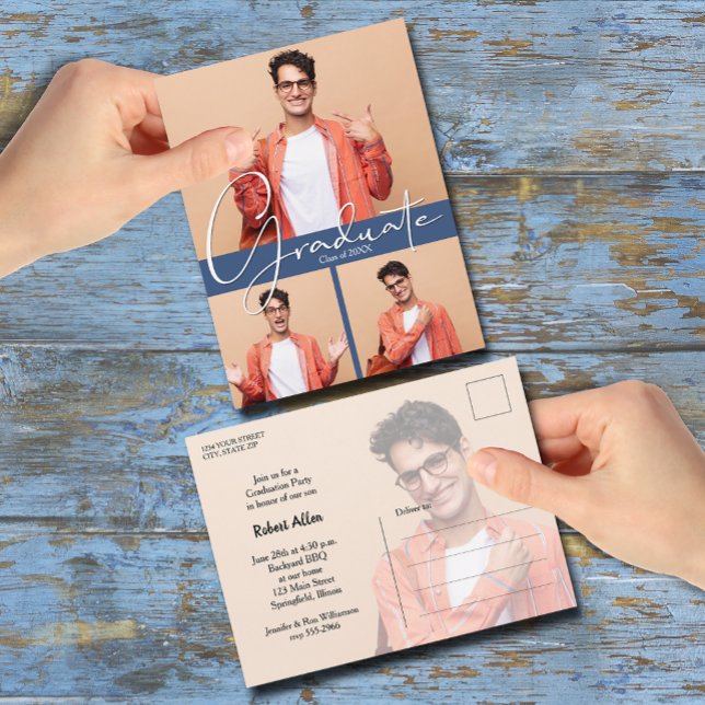 Multi Photo Blue Graduation Party Invitation Postcard (Multi Photo Blue Graduation Party Invitation Postcards)