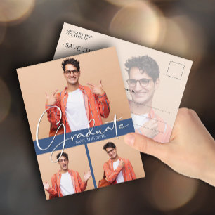 Multi Photo Blue Graduation Save the Date Postcard