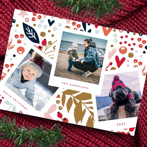 Multi Photo Booth Frame  Red Botanical Christmas Holiday Card