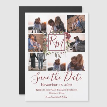 Multi Photo Burgundy Floral Monogram Save The Date by happygotimes at Zazzle