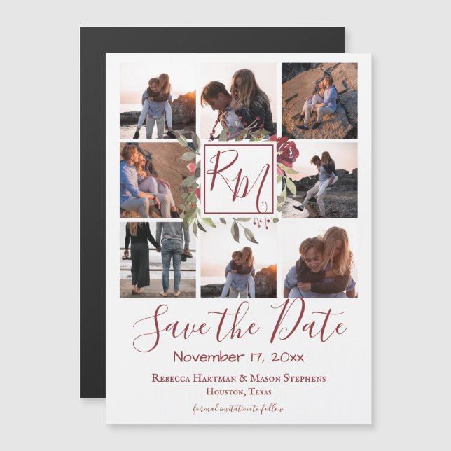 Multi Photo Burgundy Floral Monogram Save the Date (Front/Back)