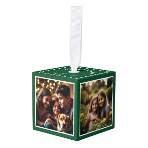 Multi Photo Christmas Keepsake Green Personalized Cube Ornament