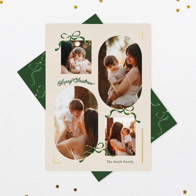 multi photo collage 4 photo bows foil Oval Photo Holiday Card (Creator Uploaded)