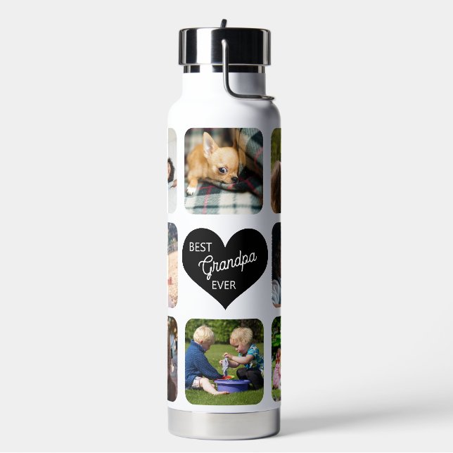 Multi photo collage best grandpa ever personalized water bottle (Left)