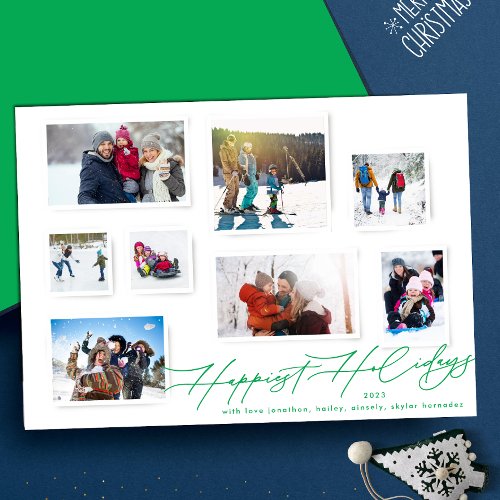 Multi Photo Collage Christmas Green Elegant Happy Holiday Card