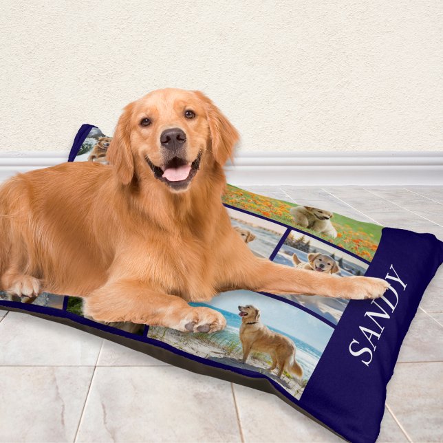 Multi Photo Collage Custom Name Dog Pet Bed (A dark blue personalized dog bed, featuring a collage of your own photos)