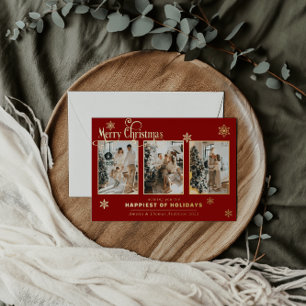 Multi Photo Collage Family Red Gold Foil Snow Holiday Card
