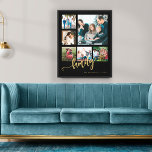 Multi photo collage family script keepsake modern canvas print<br><div class="desc">Elegant family handwritten calligraphy script modern black gold keepsake framed canvas template personalized with six custom photos.               Please note that the background color is changeable. You can replace the black with any other color after selecting CUSTOMIZE option.</div>