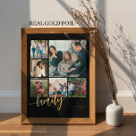 Multi photo collage family script modern foil prints<br><div class="desc">Elegant modern family gold foil handwritten calligraphy script with six custom photos solid black keepsake poster template.              Please note that the background color is changeable. You can replace the black with any other color after selecting CUSTOMIZE option.</div>