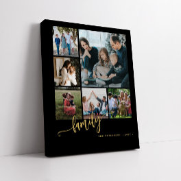 Multi photo collage family script modern keepsake faux canvas print