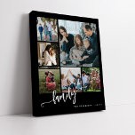 Multi photo collage family script modern keepsake faux canvas print<br><div class="desc">Elegant modern family handwritten calligraphy script with six custom photos black and white keepsake photo faux canvas print template.              Please note that the background color is changeable. You can replace the black with any other color after selecting CUSTOMIZE option.</div>
