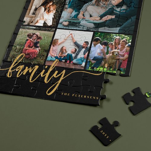 Multi photo collage family script modern keepsake jigsaw puzzle