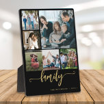 Multi photo collage family script modern keepsake plaque<br><div class="desc">Elegant modern family handwritten calligraphy script with six custom photos black gold keepsake photo plaque template.              Please note that the background color is changeable. You can replace the black with any other color after selecting CUSTOMIZE option.</div>