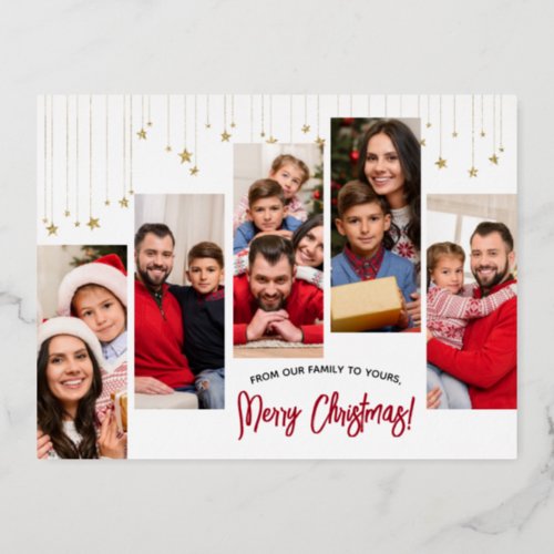 Multi Photo Collage Gold Stars Family Christmas Foil Invitation Postcard