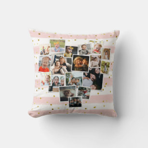 Multi Photo Collage Heart Shape Family Cute Throw Pillow