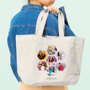 Multi Photo Collage Modern Personalized Name Large Tote Bag