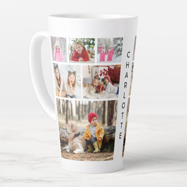 Multi Photo Collage Modern Personalized Name Latte Mug (Left Angle)