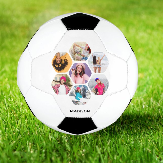 Multi Photo Collage Modern Personalized Name Soccer Ball (Creator Uploaded)