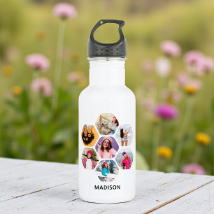 Multi Photo Collage Modern Personalized Name Stainless Steel Water Bottle