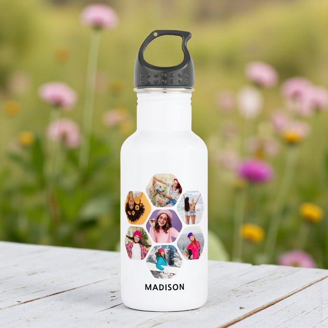 Multi Photo Collage Modern Personalized Name Stainless Steel Water Bottle (Creator Uploaded)