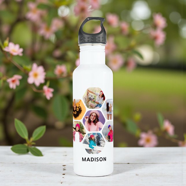 Multi Photo Collage Modern Personalized Name Stainless Steel Water Bottle (Creator Uploaded)