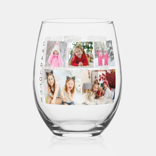 Multi Photo Collage Modern Personalized Name Stemless Wine Glass