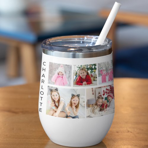Multi Photo Collage Modern Personalized Name Thermal Wine Tumbler